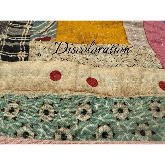 Antique Log Cabin Quilt Reversible Twin/full Blue Trim Floral Back 81” X 64” - Picture 15 of 16